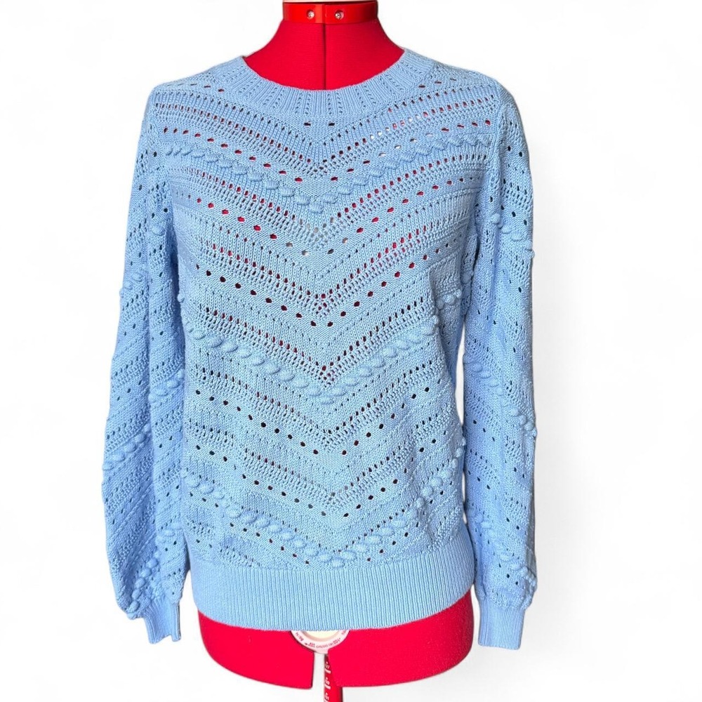 LOFT blue knit sweater with chevron and dot pattern, size XS cottagecore preppy